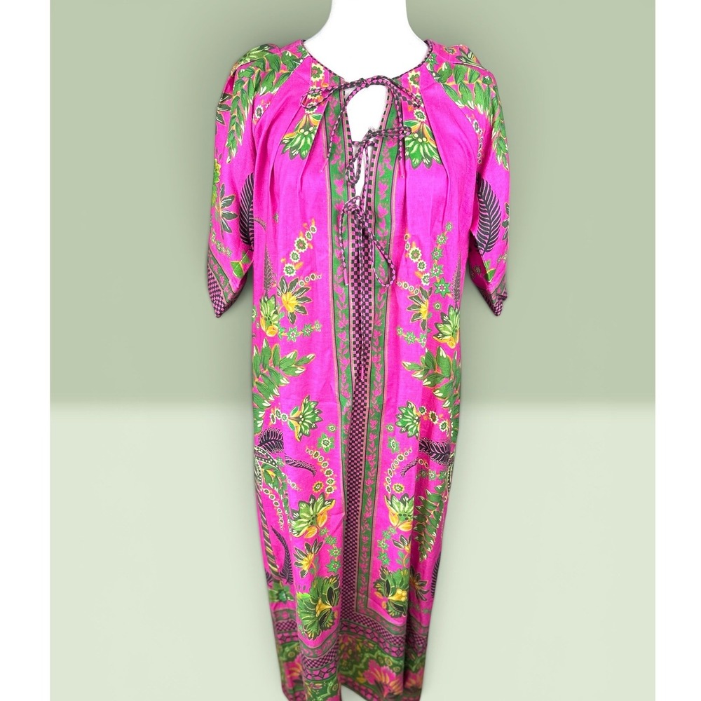 Farm Rio NWT SZ Sm Ana Tie Front Pink Floral Linen Blend Kaftan Midi Dress - Picture 3 of 16